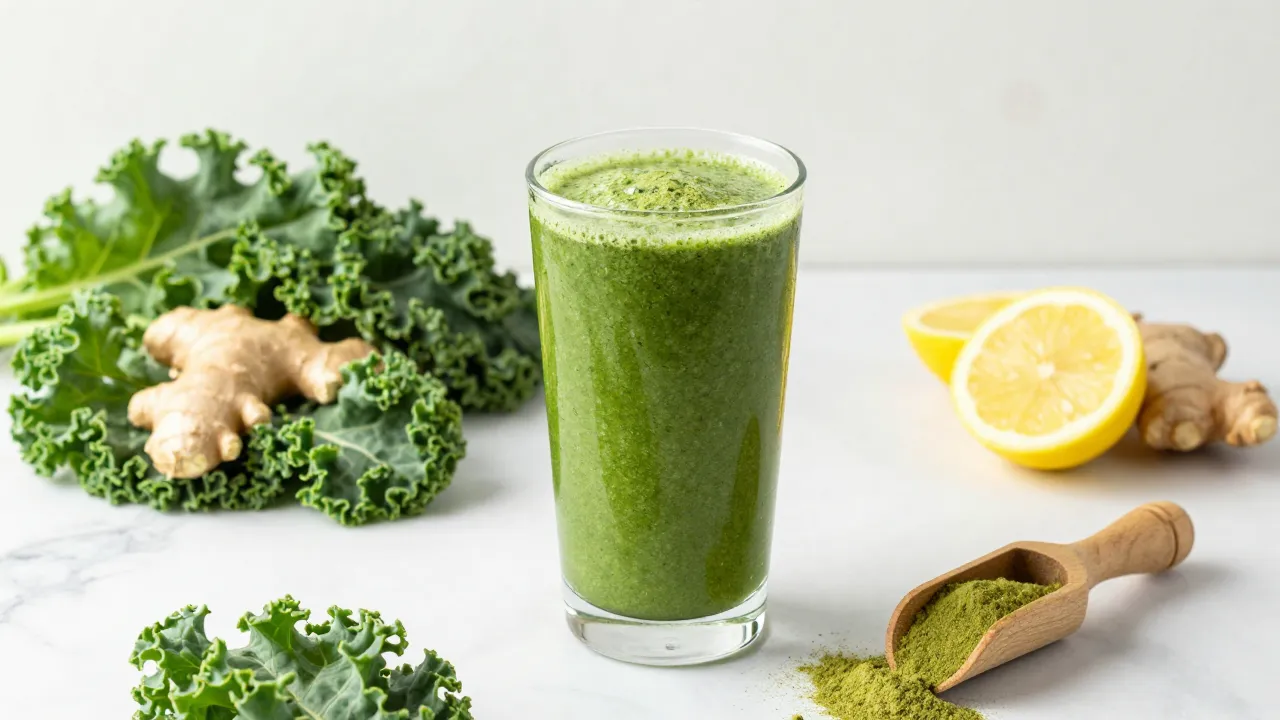Vibrant green smoothie surrounded by fresh kale, ginger root, lemon slices, and green powder on marble counter