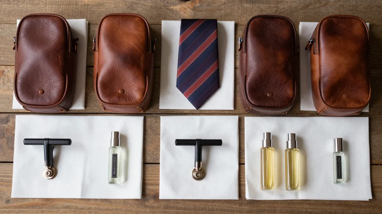 Matching groomsmen gift sets in a row with leather dopp kits, tie bars, and mini cologne samples