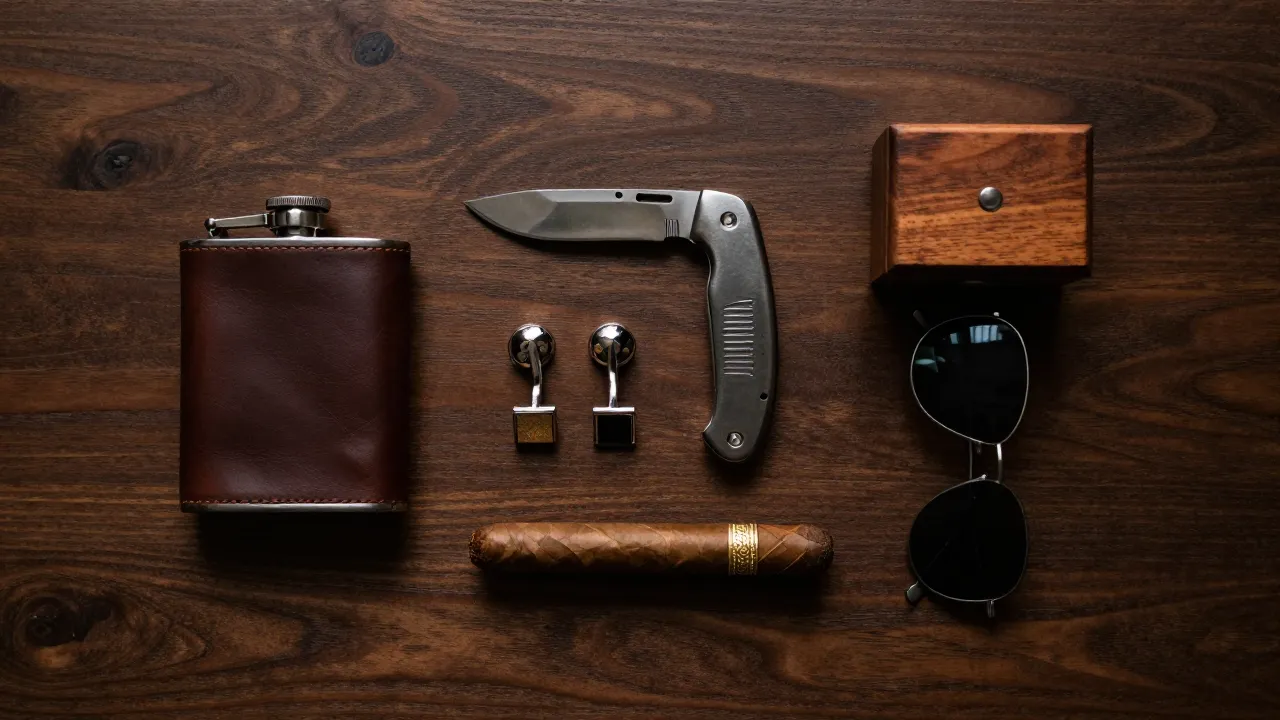 Masculine groomsmen gift flat-lay on dark walnut with leather flask, cufflinks, pocket knife, and aviator sunglasses