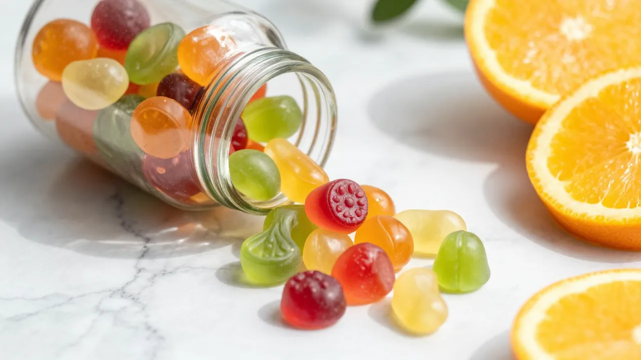 Close-up of colorful gummy vitamins in a glass bowl on a bright kitchen counter