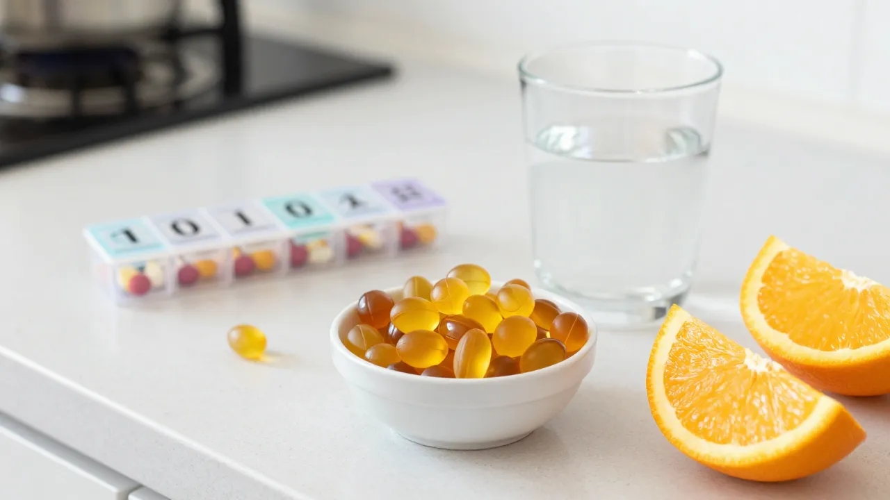 Person adding gummy vitamins to their morning routine next to breakfast and water glass