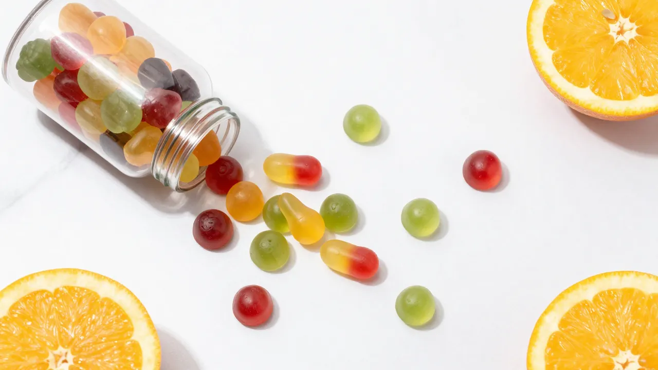 Colorful gummy vitamin bottles and individual gummies scattered on white marble with fresh fruit slices