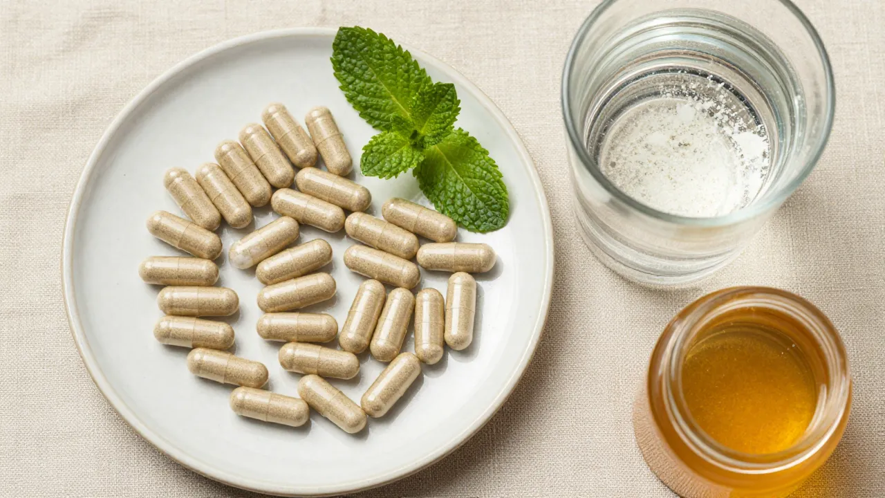 Gut health supplement routine with earth-tone capsules on ceramic plate, collagen water, mint leaves, and honey