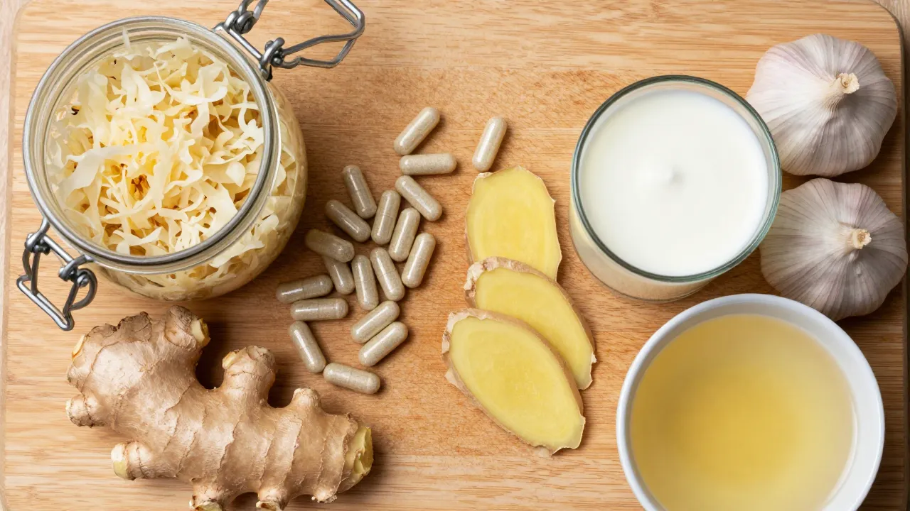 Gut health ingredients flat-lay with sauerkraut jar, probiotic capsules, ginger, kefir, garlic, and bone broth