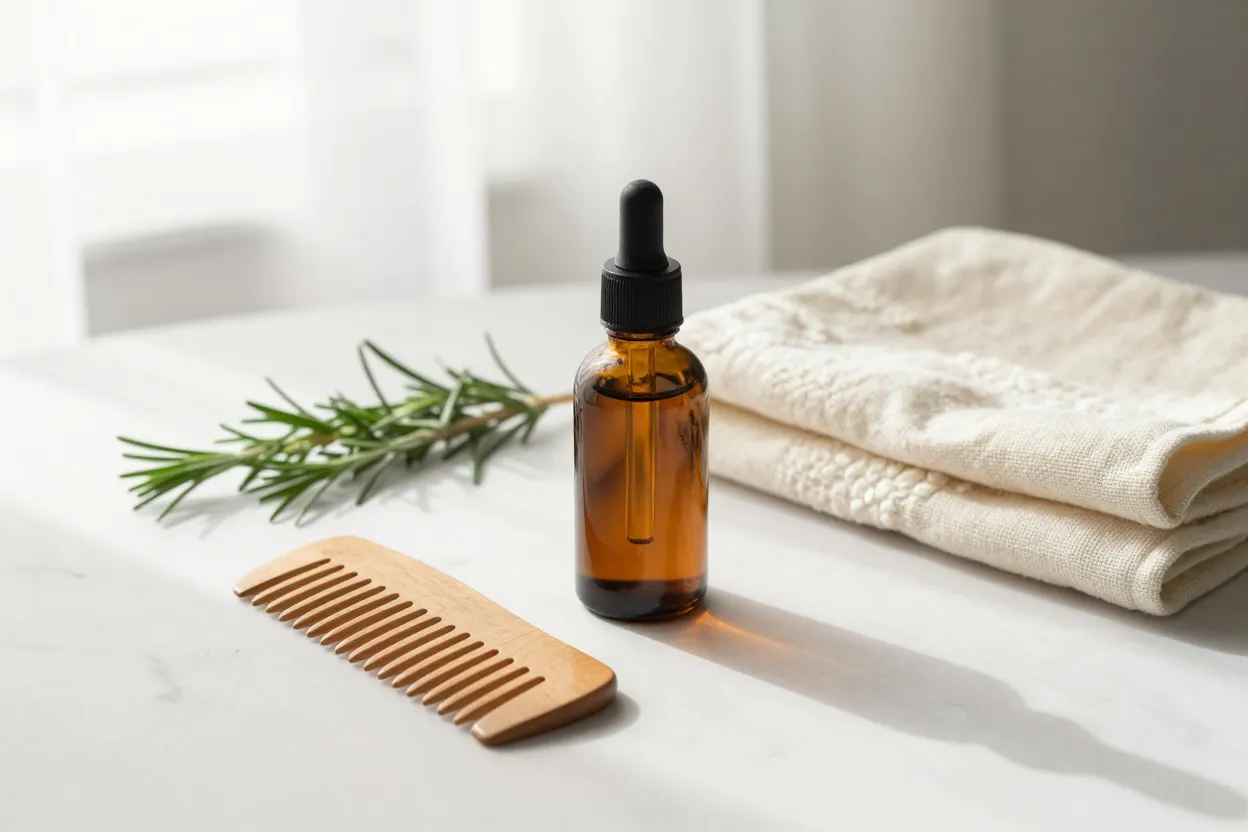 Postpartum hair care still life on pale marble — amber dropper bottle, wooden wide-tooth comb, fresh rosemary sprigs, folded cream linen towel