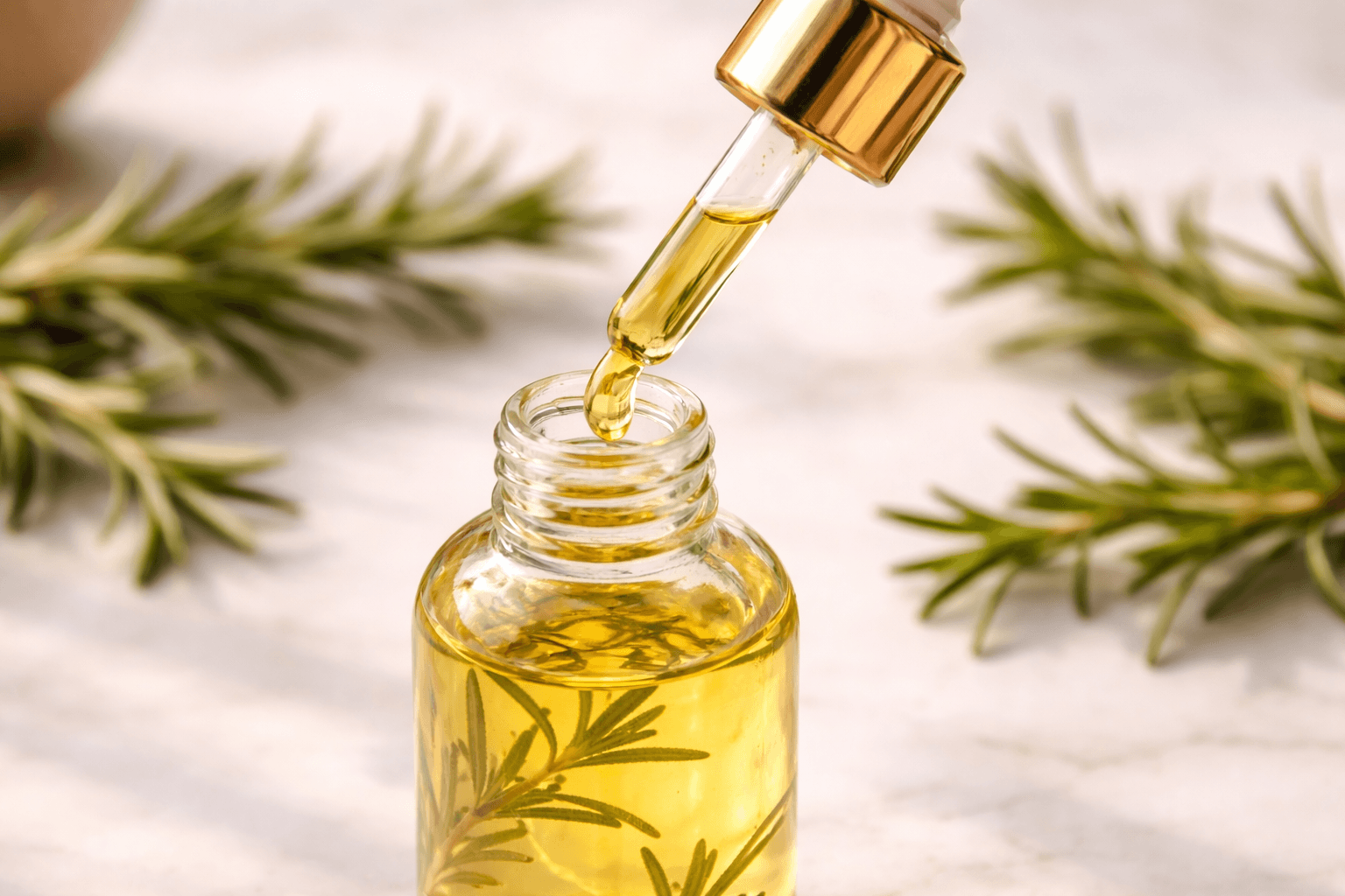 Woman applying rosemary oil serum to scalp with dropper