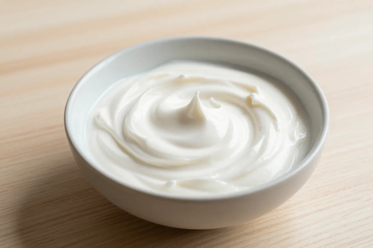 Thick cream hair mask texture swirled in a small ceramic bowl on pale oak