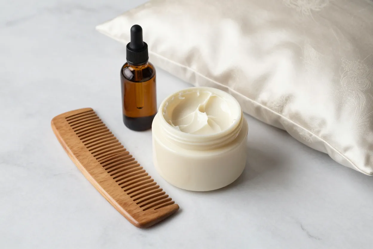 Ivory hair mask jar beside wide-tooth wooden comb, amber oil dropper bottle, and folded silk pillowcase on pale marble