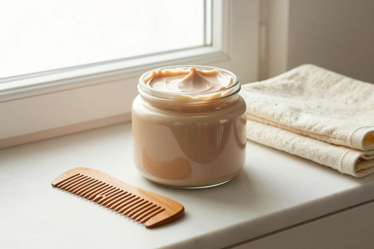Large clear glass jar of rich cream hair mask on pale marble vanity with wooden wide-tooth comb and folded cream linen towel