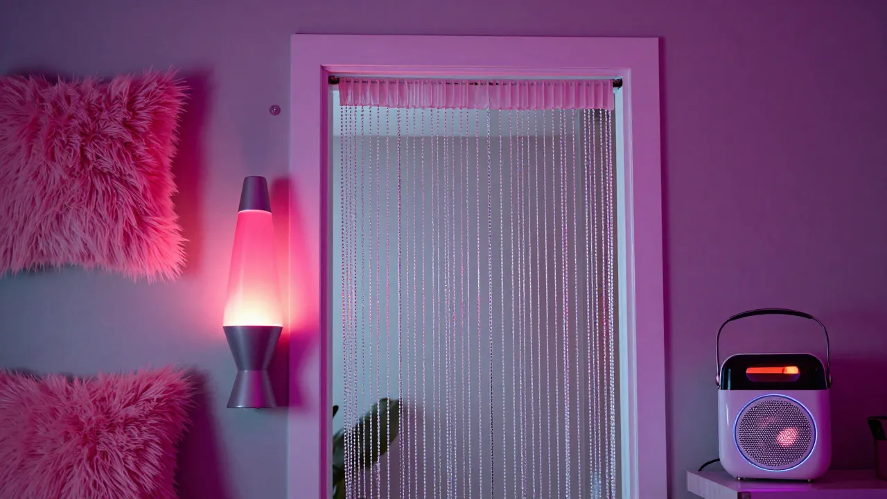 2000s teen pop fan room decor with lava lamp, LED strip lights, fuzzy pillow, and mini karaoke machine