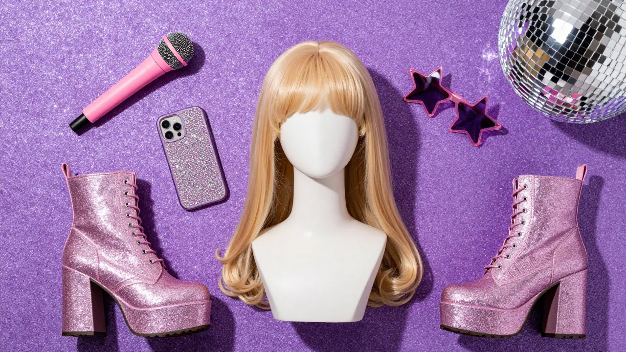 Nostalgic Y2K pop star aesthetic with pink microphone, glittery platform boots, star sunglasses, and disco ball
