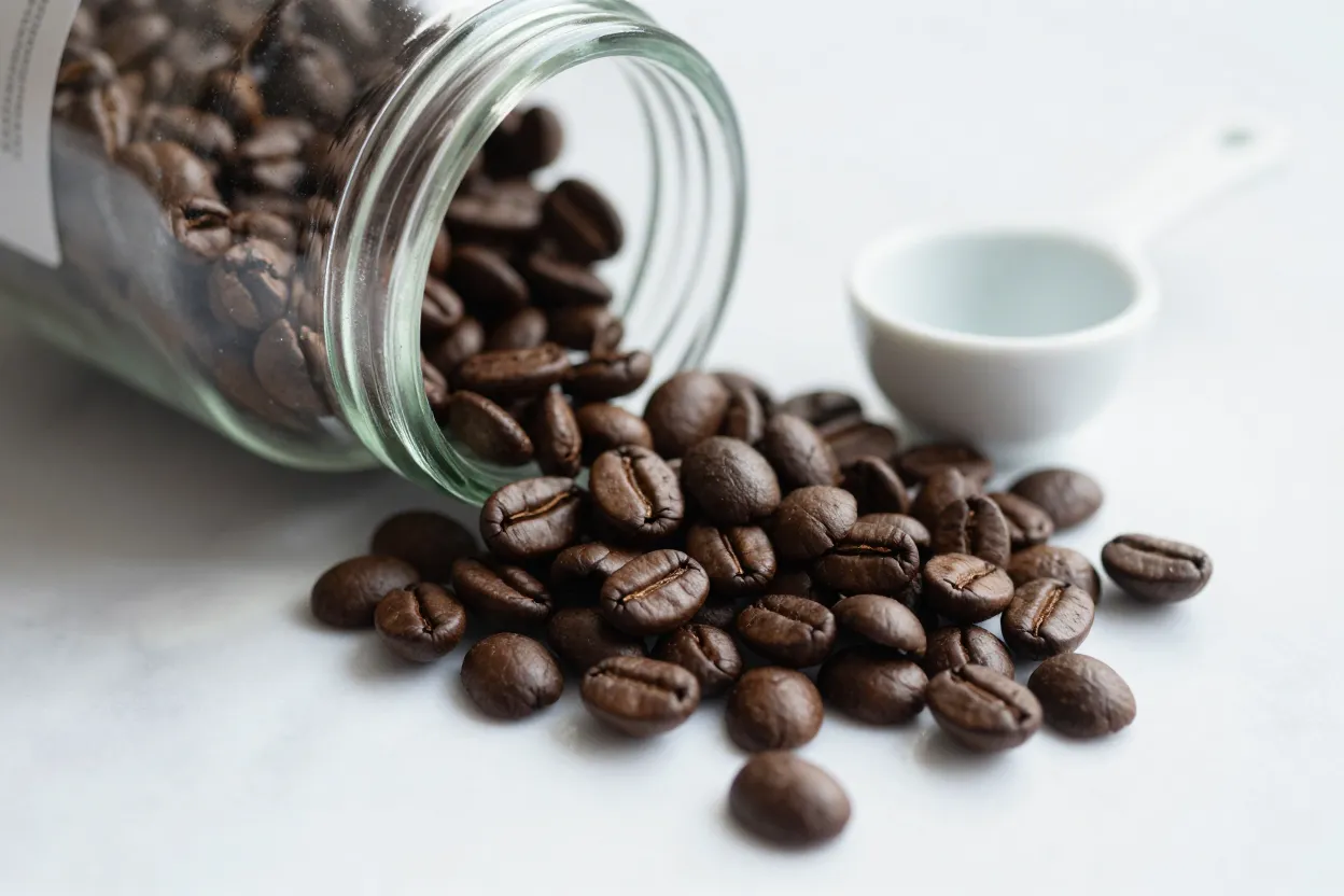 Close-up of dark coffee beans spilling from a glass jar onto pale marble beside a small ceramic measuring spoon