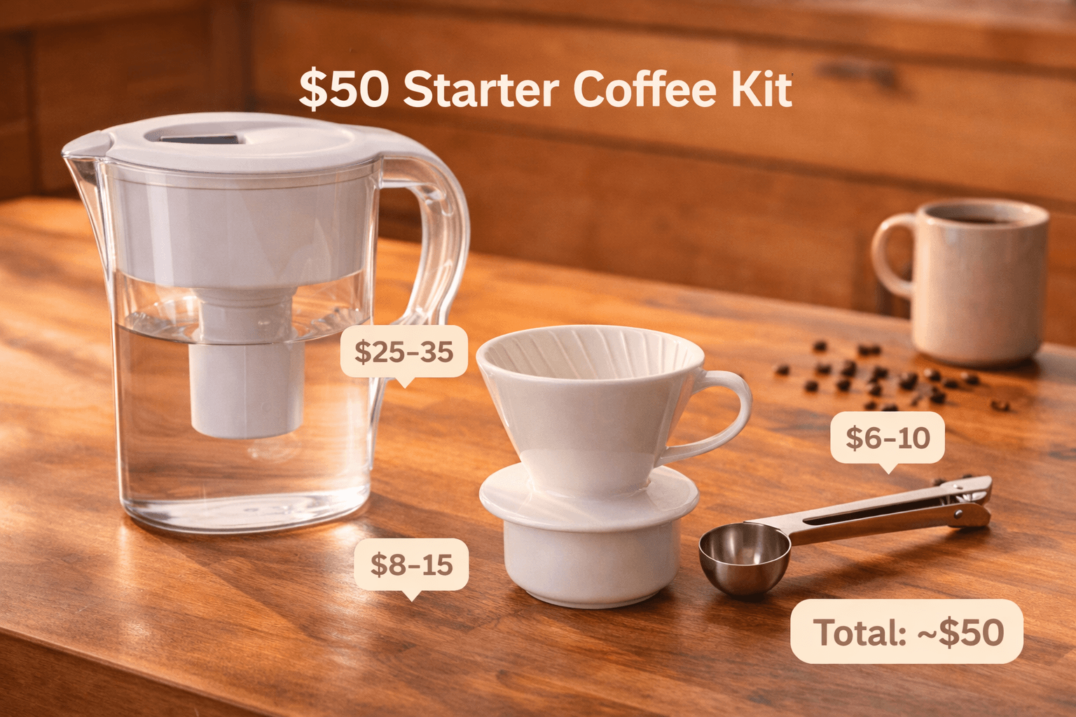 $50 starter coffee kit: Brita water filter, Hario V60 dripper, and Norpro scoop with bag clip on a kitchen counter