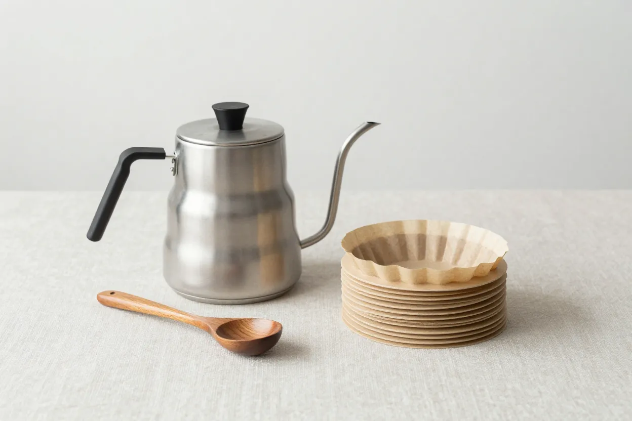 Editorial still-life of a gooseneck kettle, wooden coffee scoop, and paper filter stack on pale linen