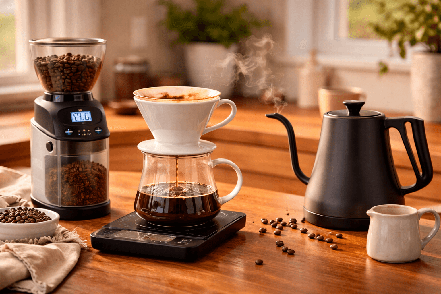 Morning pour-over coffee setup with Baratza grinder, Hario V60 dripper, Fellow gooseneck kettle, and fresh whole beans on a wooden counter