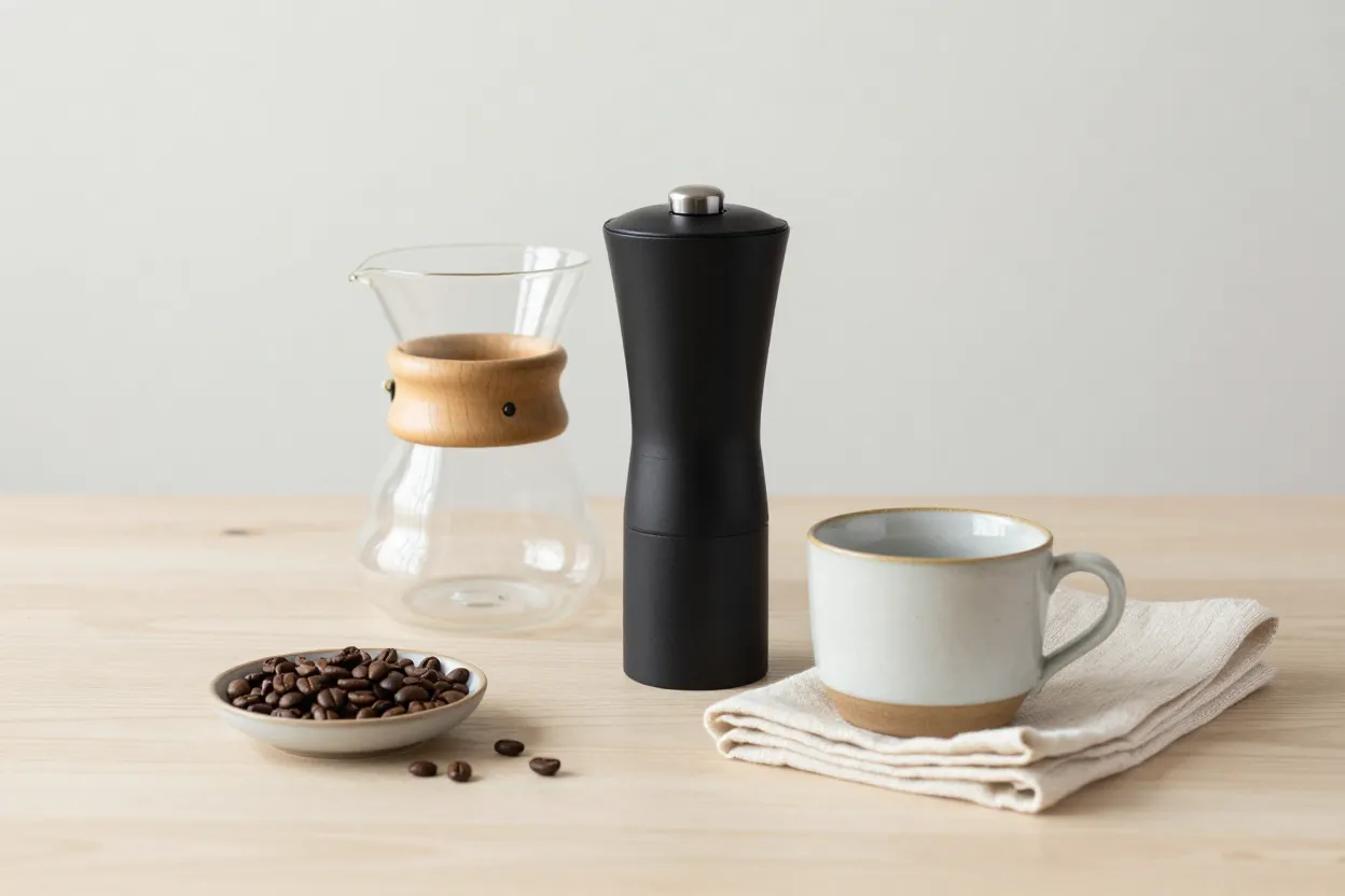 Editorial still-life of a home coffee bar upgrade — matte black burr grinder, glass pour-over carafe with wooden collar, ceramic cup, dish of whole coffee beans, folded cream linen napkin on pale oak