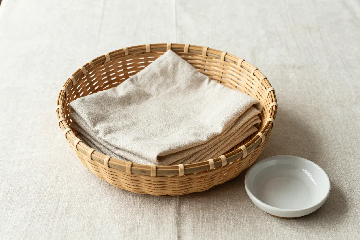 Woven basket, stacked linen napkins, and small ceramic dish on pale linen surface