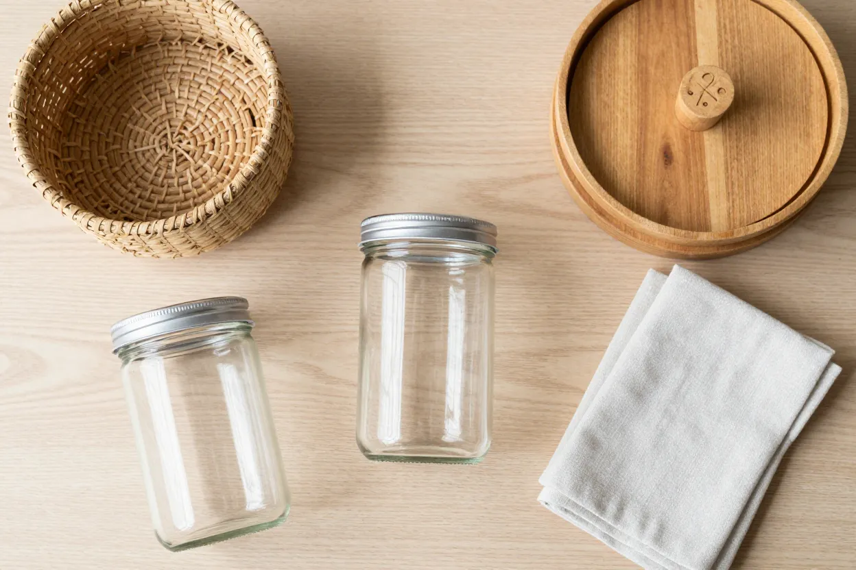 Overhead flat-lay on pale oak of home organization essentials — three clear glass pantry jars, woven seagrass basket, wooden lazy susan, folded linen napkins, small ceramic tray