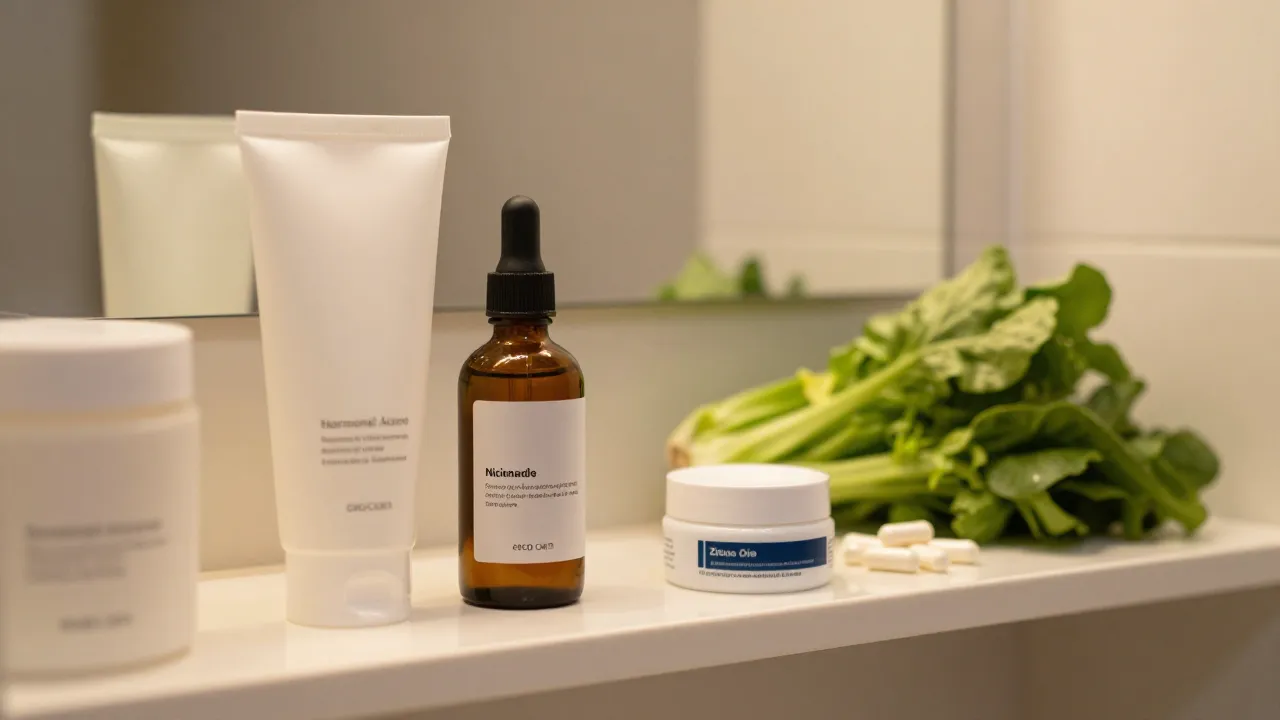 Hormonal acne skincare routine on bathroom shelf: gentle cleanser, niacinamide serum, zinc cream