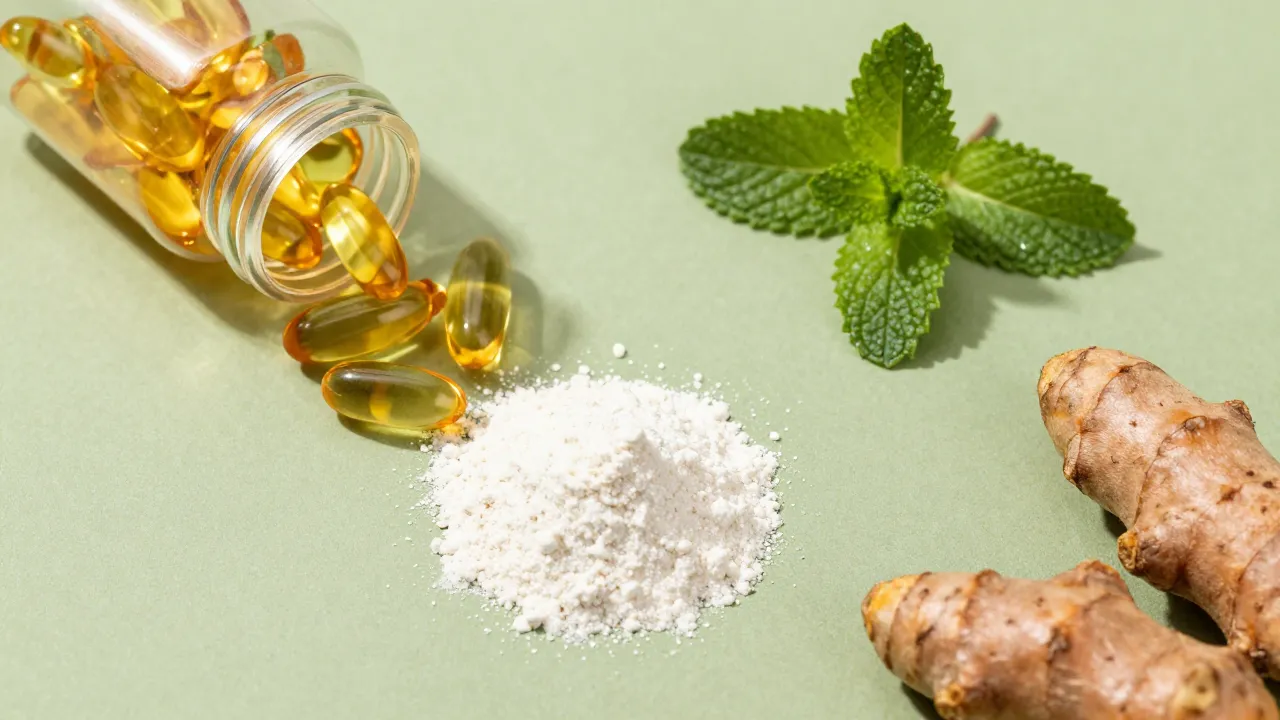 Hormonal balance supplements flat-lay: evening primrose oil, DIM powder, spearmint tea, maca root, turmeric