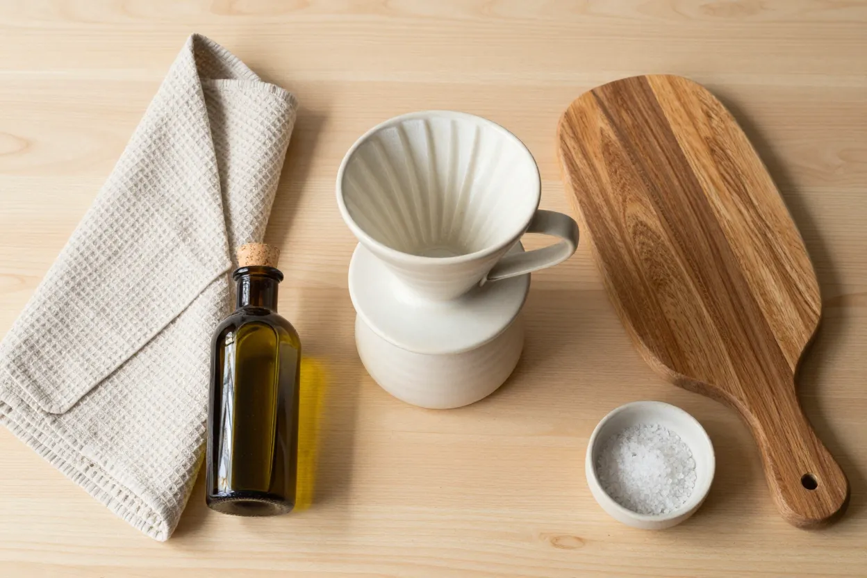 Overhead flat-lay on pale honey oak of a matte stoneware pour-over coffee dripper in cream, a folded waffle-weave linen tea towel, an unlabeled amber-glass olive oil bottle with a natural cork, a small oval wooden cutting board, and a tiny ceramic ramekin of flaky sea salt