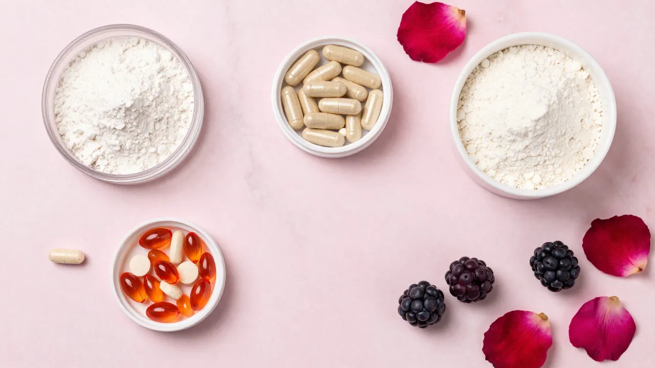 Marine collagen powder scooped into a glass of water next to hydrolyzed collagen peptide jars on a clean countertop