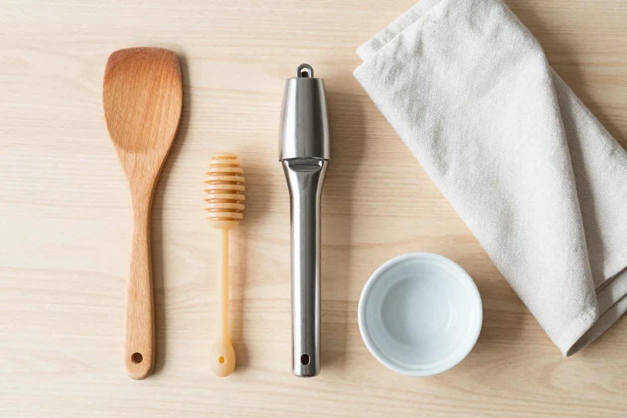 Overhead flat-lay on pale oak of curated kitchen gadgets — wooden spatula, stainless steel garlic press, small ceramic ramekin, silicone honey dipper, folded linen tea towel