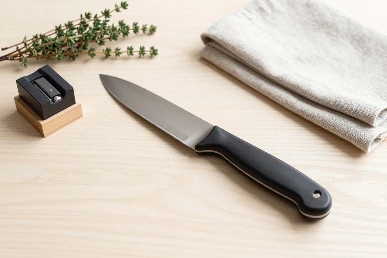 Editorial still-life of a chef’s knife, matte black manual knife sharpener, small whetstone on a wooden base, folded linen tea towel, sprig of fresh thyme on pale oak