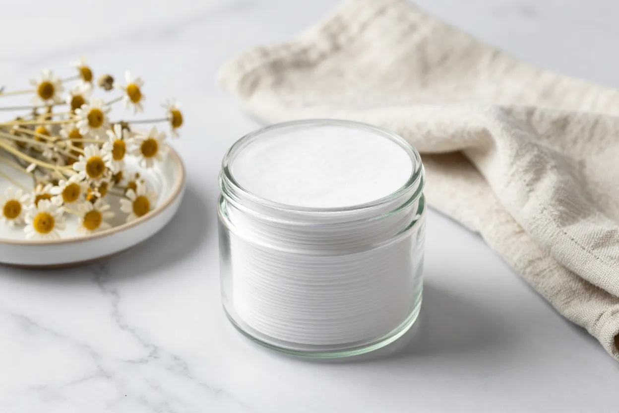 Round glass jar of cotton toner pads on pale marble with ceramic dish, dried chamomile flowers, and folded linen cloth