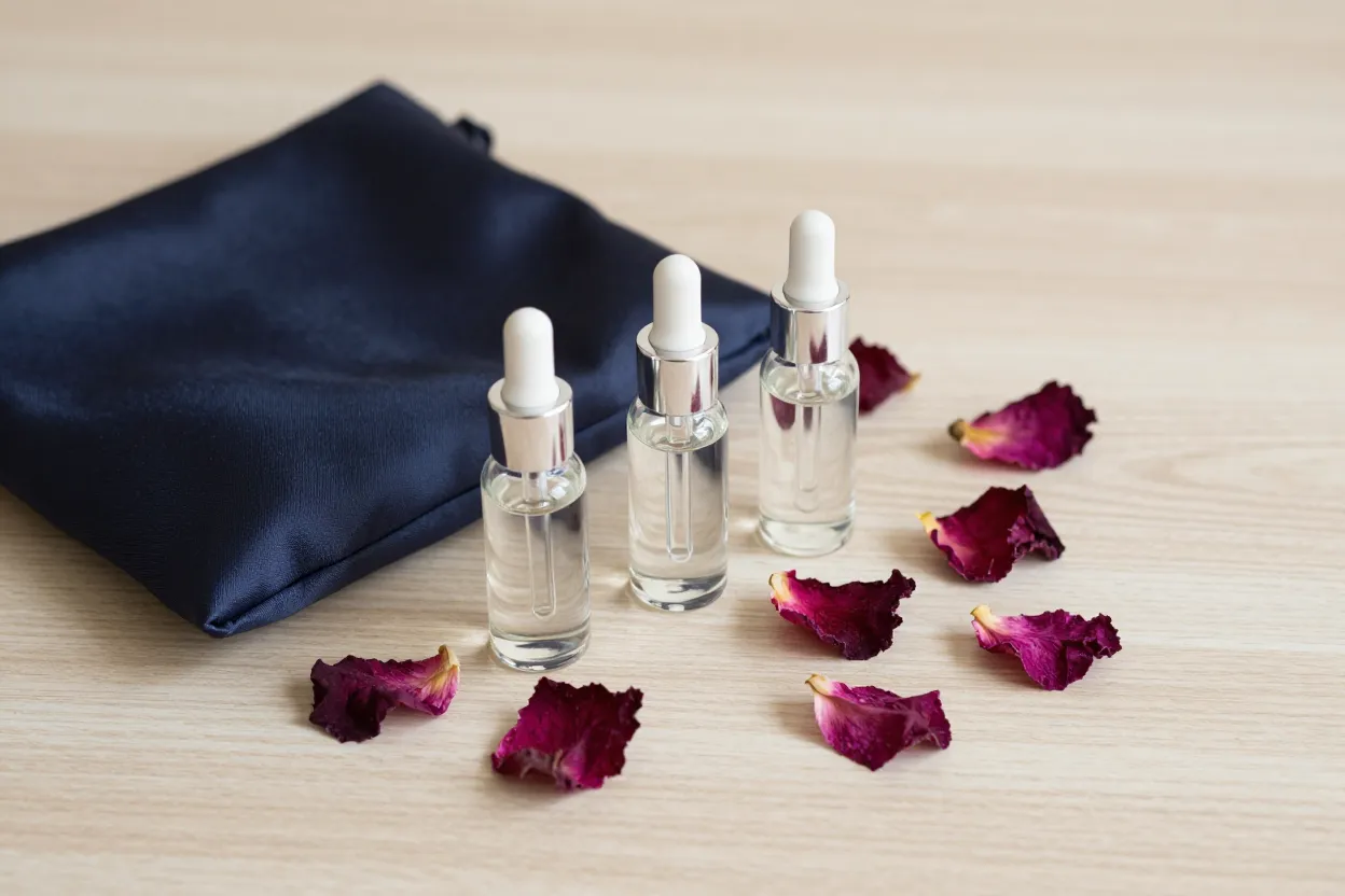 Three clear glass serum bottles beside a folded silk pouch and scattered dried rose petals on pale oak