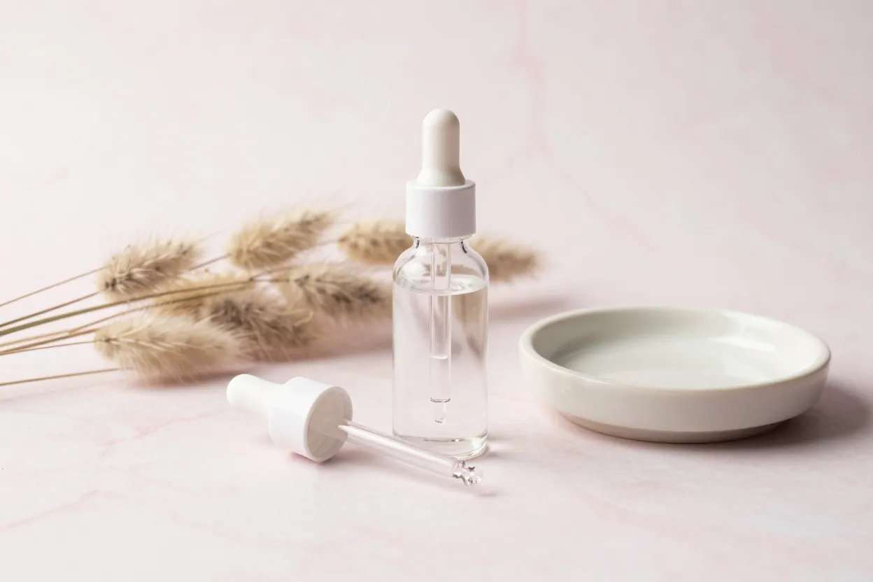 Clear glass dropper bottle and slim wand applicator on pale pink marble with dried pampas grass and a small cream ceramic dish