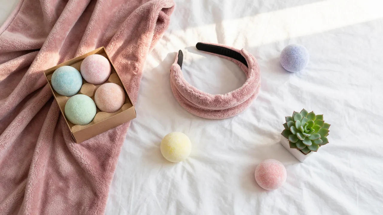 Same-day delivery gift options with plush throw blanket, spa headband, pastel bath bombs, and succulent arrangement