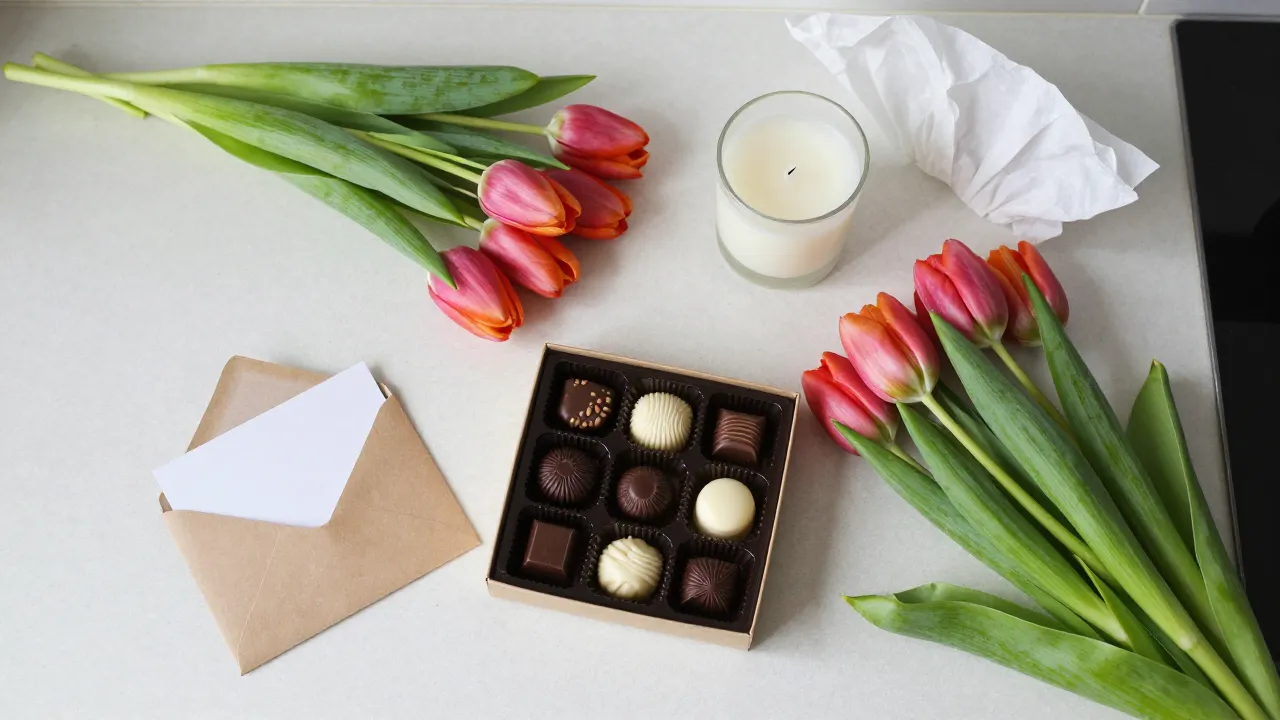 Last-minute gift flat-lay with gift card, tulip bouquet, gourmet chocolates, and scented candle on kitchen counter