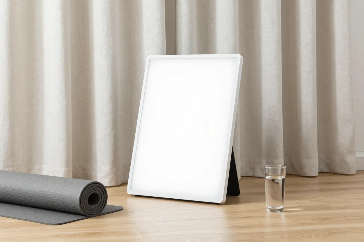 Matte white LED panel leaning against pale linen curtain on light oak floor with rolled wellness mat and glass water tumbler