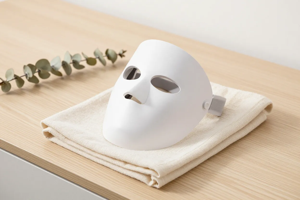 Sleek white LED face mask device on folded cream linen towel on pale oak vanity with dried eucalyptus sprig