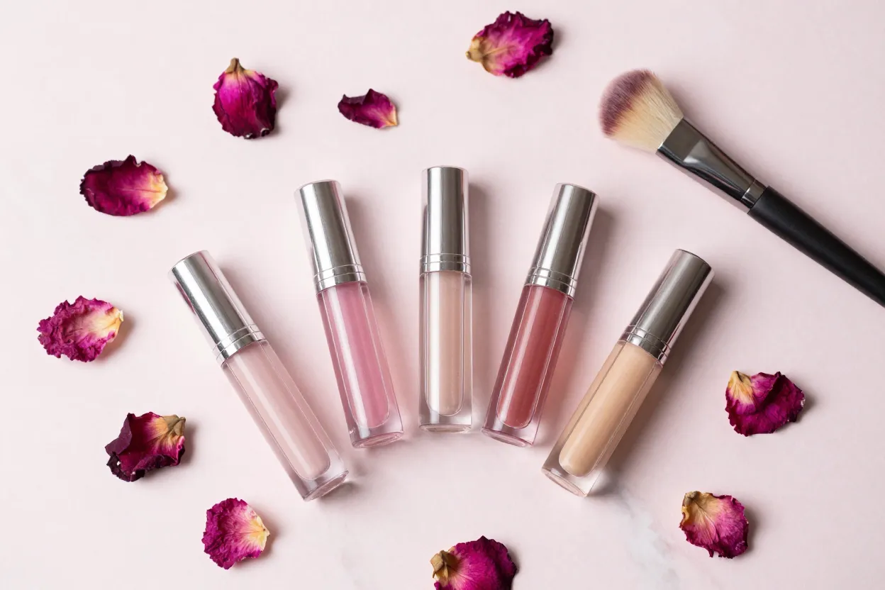 Five clear glass rollerball lip oil tubes on pale pink marble with scattered dried rose petals and a soft makeup brush