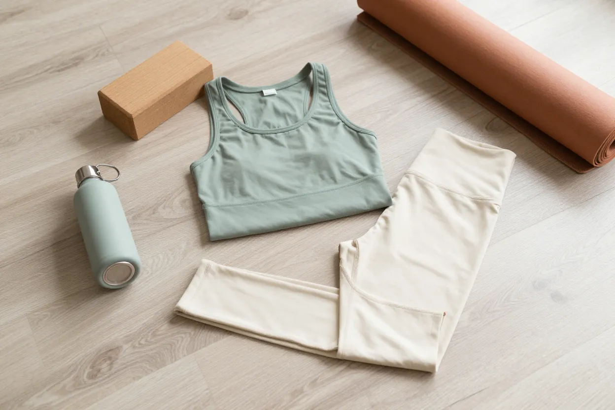 Overhead flat-lay of folded neutral-toned activewear on pale wood — sage tank, cream leggings, matte water bottle, wooden yoga block, rolled terra-cotta yoga mat