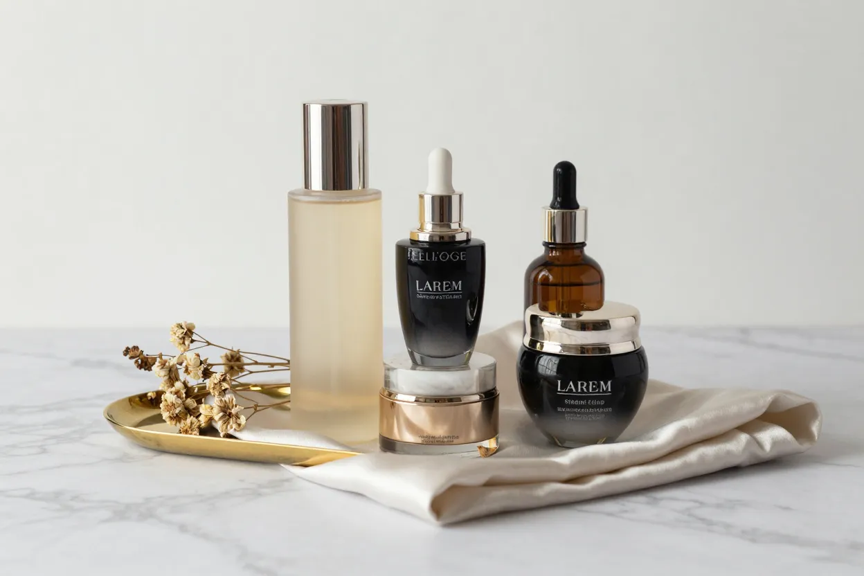 Three heavy luxury skincare bottles on folded silk napkin with small gold tray and dried florals on pale marble