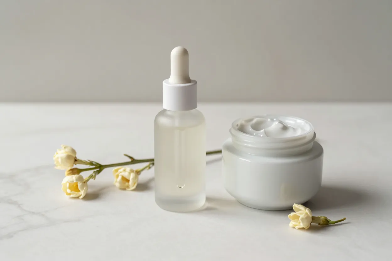 Curated luxury skincare vignette on pale marble — heavy-bottom frosted glass serum bottle, porcelain cream jar, clear glass dropper, dried jasmine sprig