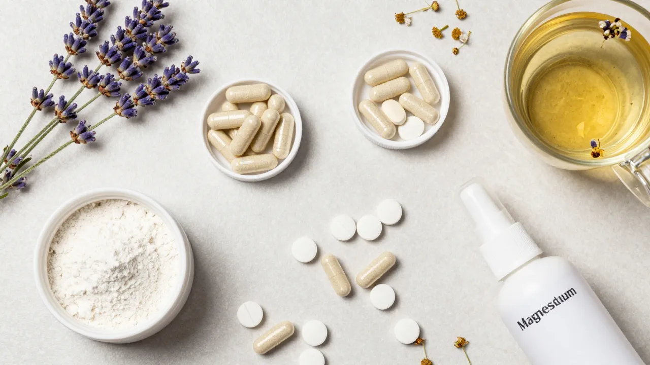 Magnesium glycinate and threonate supplement bottles on a nightstand with a glass of water and reading glasses