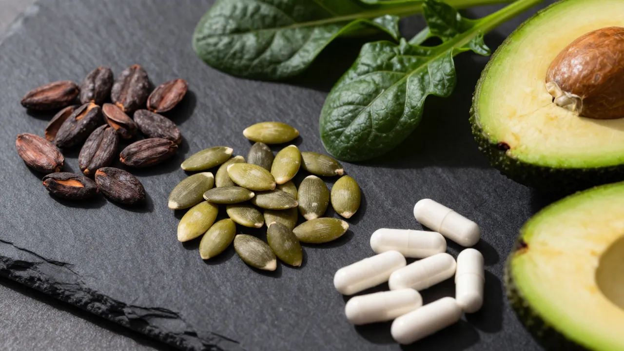 Magnesium-rich foods on dark slate — cacao nibs, pumpkin seeds, dark greens, avocado, and capsules