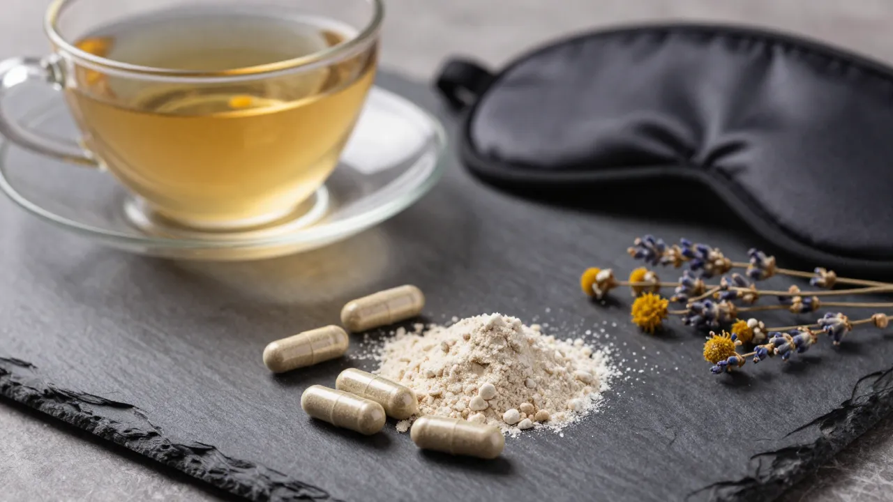 Magnesium capsules and chamomile tea on dark slate with lavender and sleep mask in warm evening light