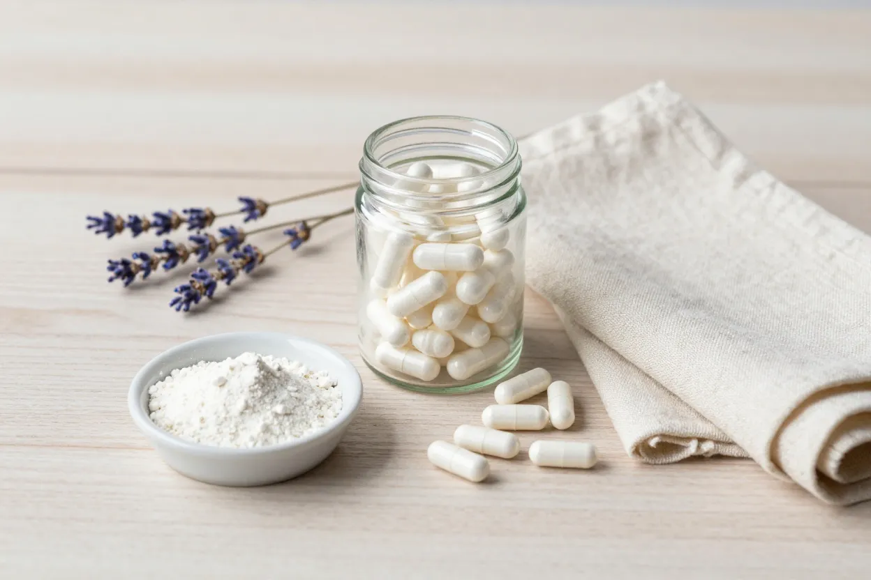 Clear glass jar of white supplement capsules and ceramic dish of loose powder on pale oak with folded cream linen napkin and dried lavender sprig