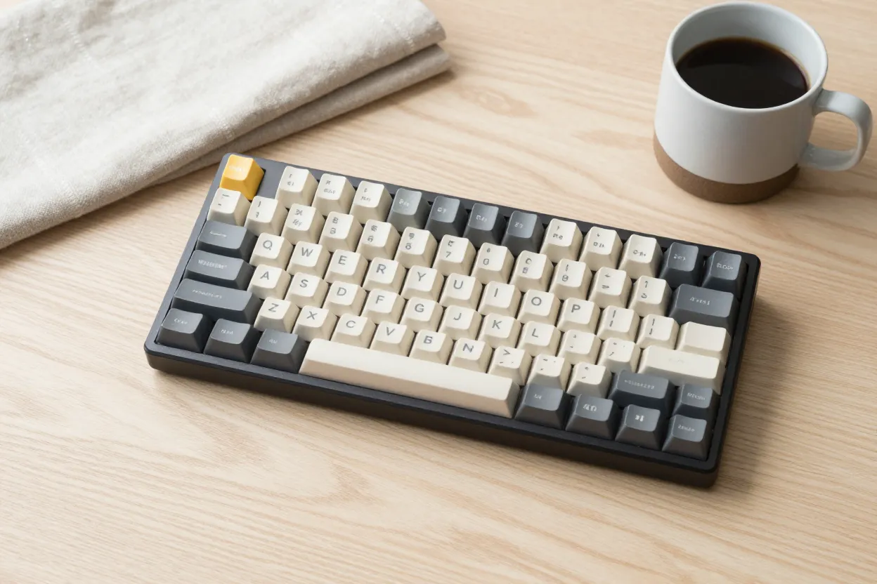 Matte black mechanical keyboard with cream and gray keycaps on pale oak desk beside a folded linen cloth and ceramic coffee mug