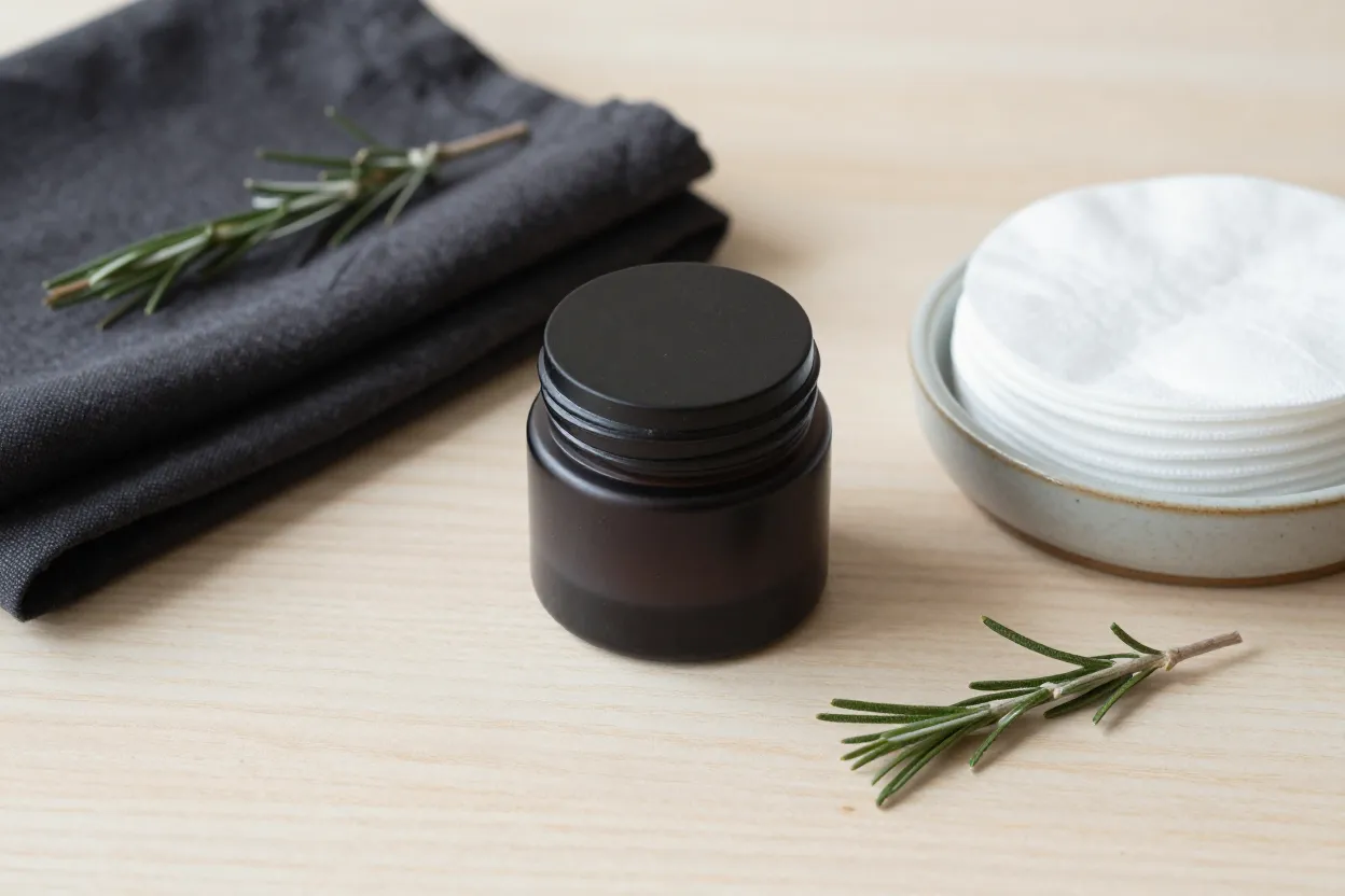 Editorial still-life of a men’s eye cream vignette on pale oak — matte charcoal glass jar, small ceramic dish of cotton pads, folded dark linen cloth, dried rosemary sprig