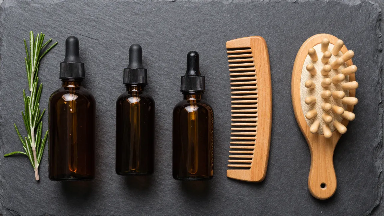 Flat lay of men's hair care products: dark glass dropper bottles, wooden comb, scalp massager, rosemary sprigs