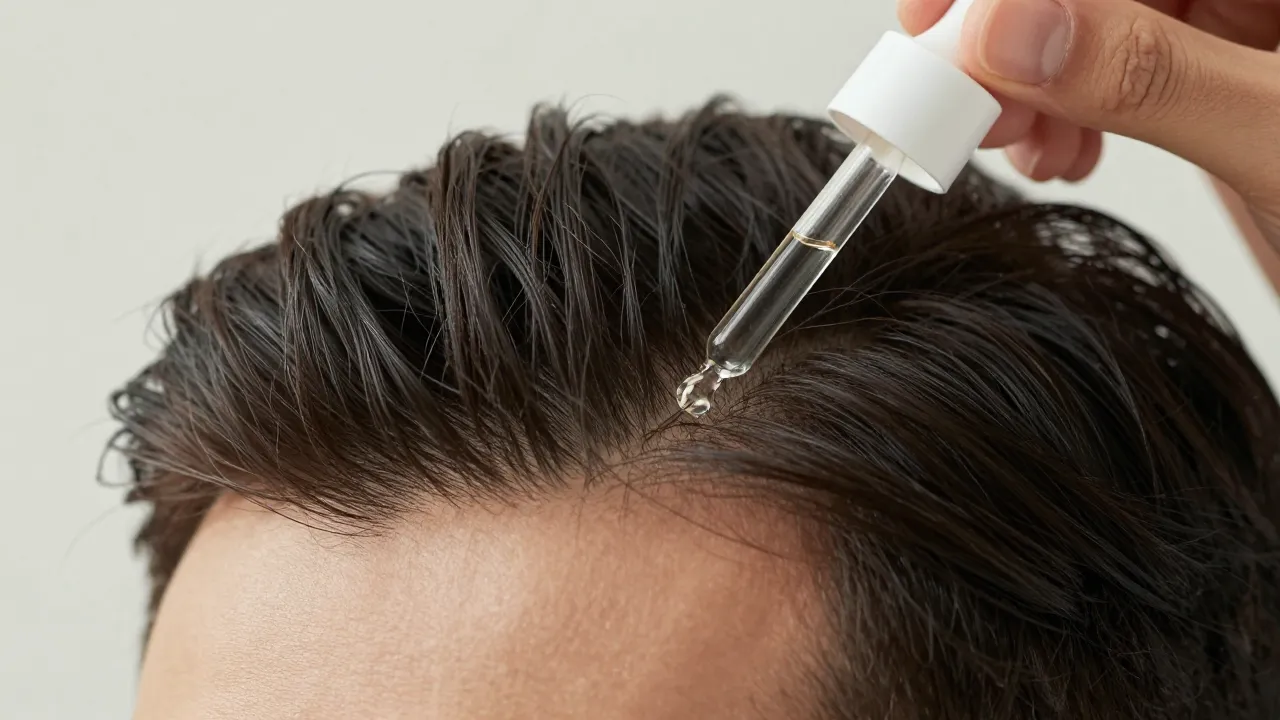 Close-up of scalp treatment serum being applied with a glass dropper onto a man's scalp