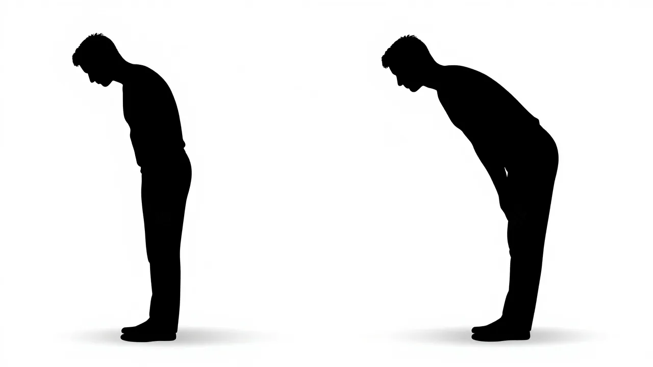 Side profile comparison showing good versus slouched posture silhouette