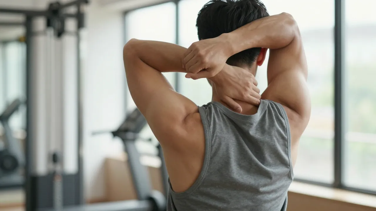 Man stretching shoulders and upper back in a bright home gym with morning light