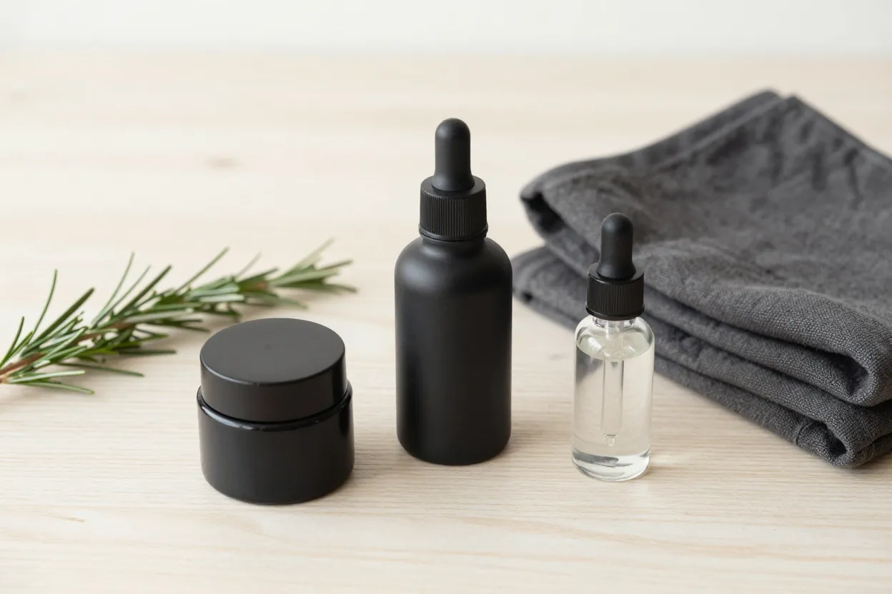 Men’s skincare vignette on pale oak — matte charcoal glass serum bottle, small cream jar, clear dropper bottle, folded charcoal linen towel, dried rosemary sprig
